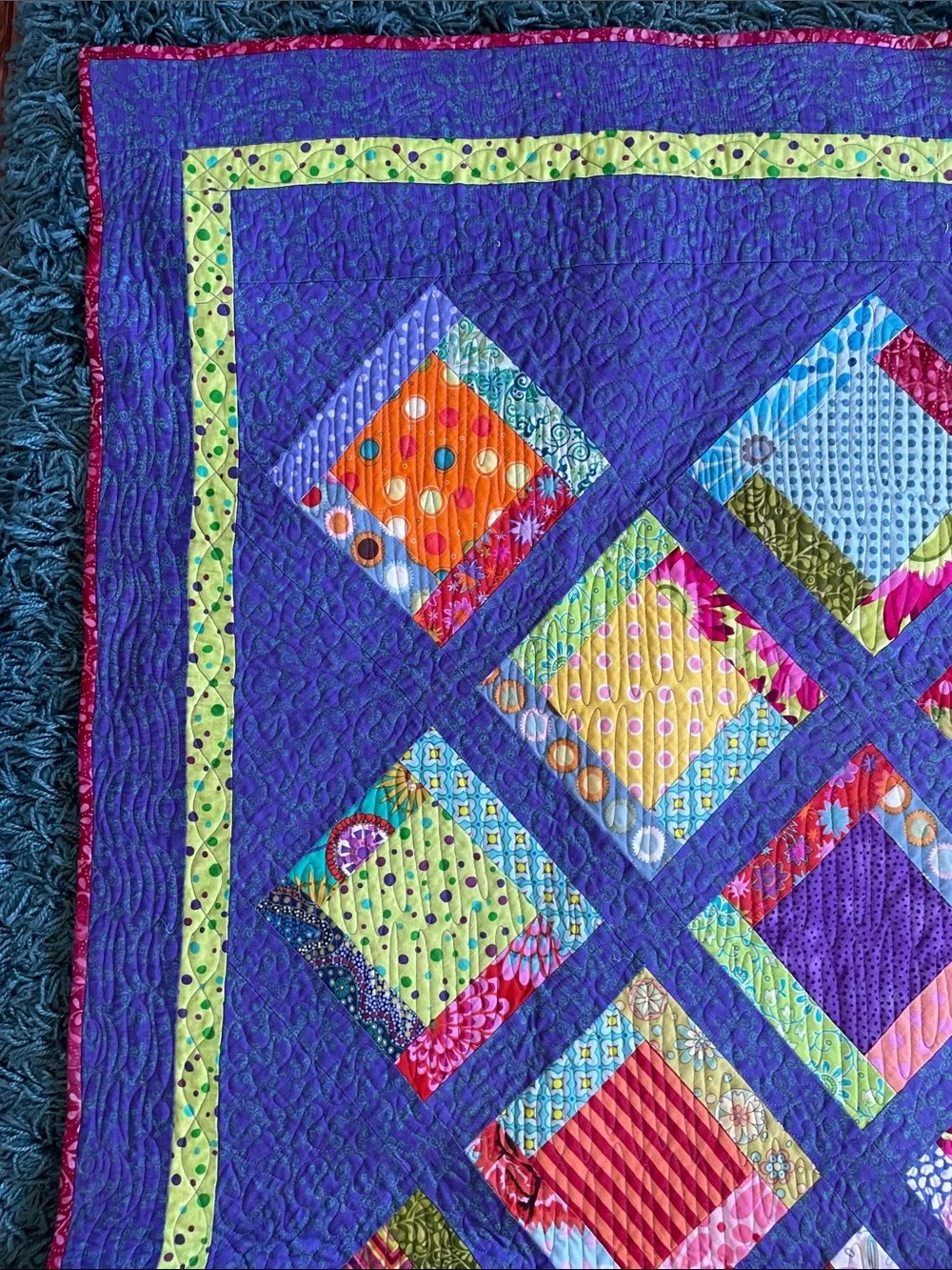 Vibrant Patchwork hand made Diamond Quilt in Purple and green- size 65” x 48”